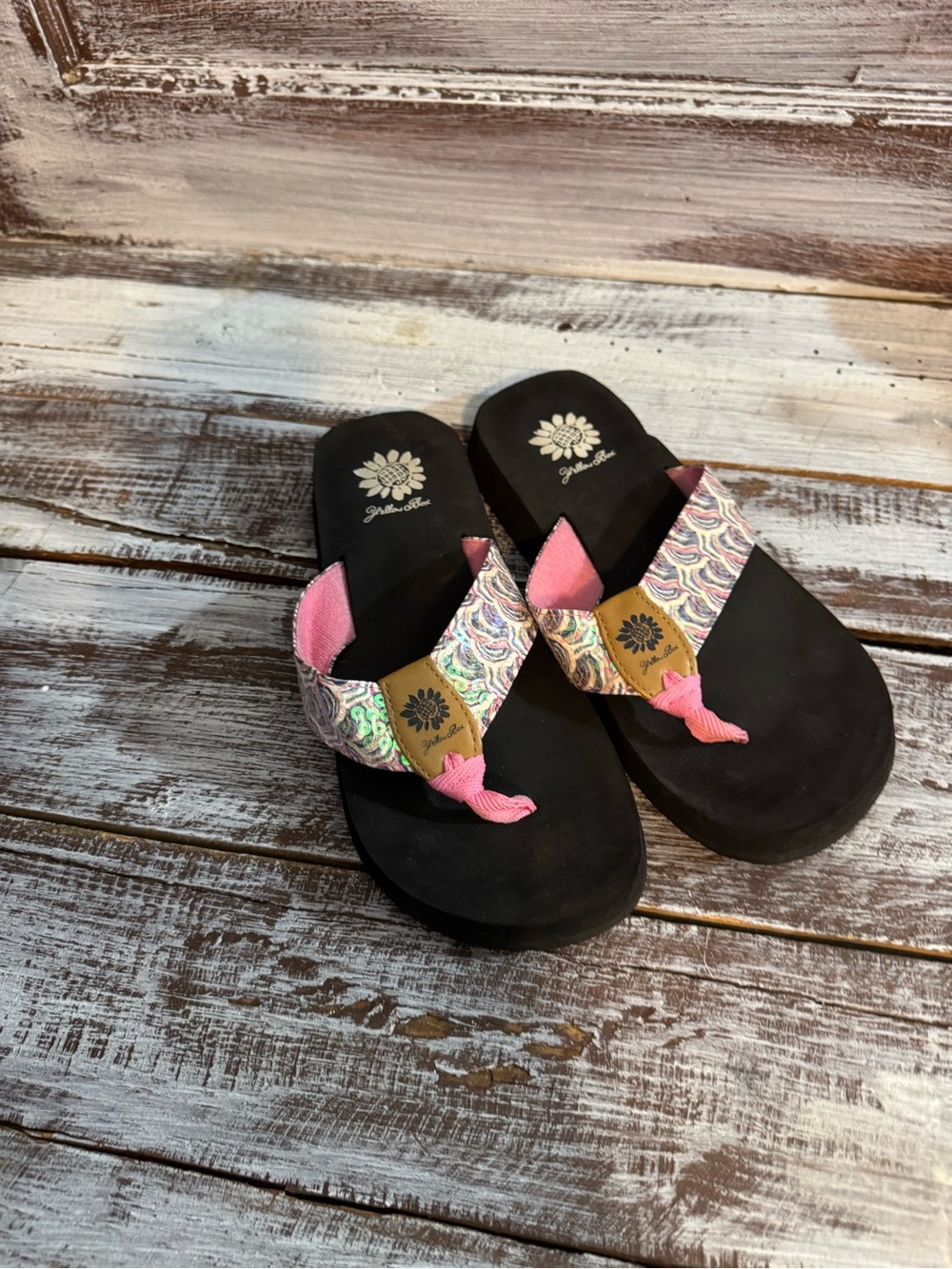 Yellow Box Women's Black Sandals with Pink Multicolor Patterned Straps